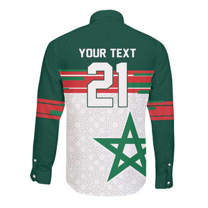 World Football 2026 Morocco Custom Long Sleeve Button Shirt African Geometric White Pattern - African Pride