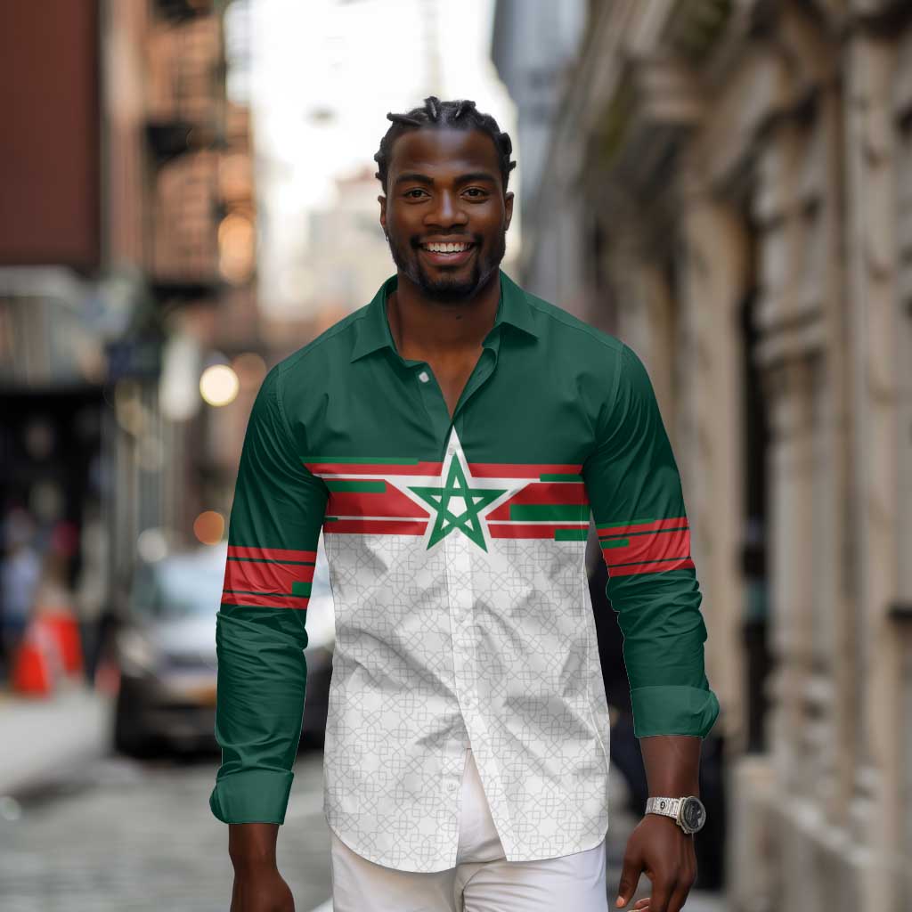 World Football 2026 Morocco Custom Long Sleeve Button Shirt African Geometric White Pattern - African Pride