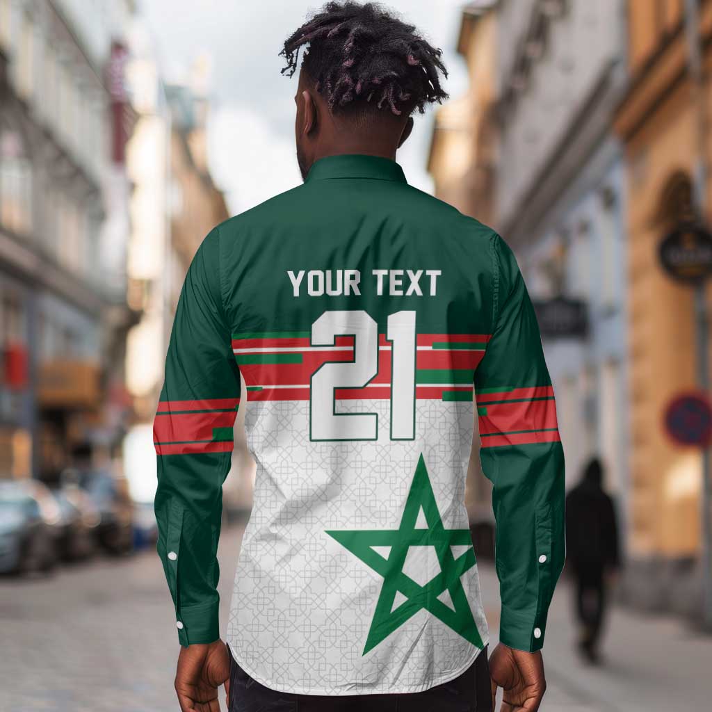 World Football 2026 Morocco Custom Long Sleeve Button Shirt African Geometric White Pattern - African Pride