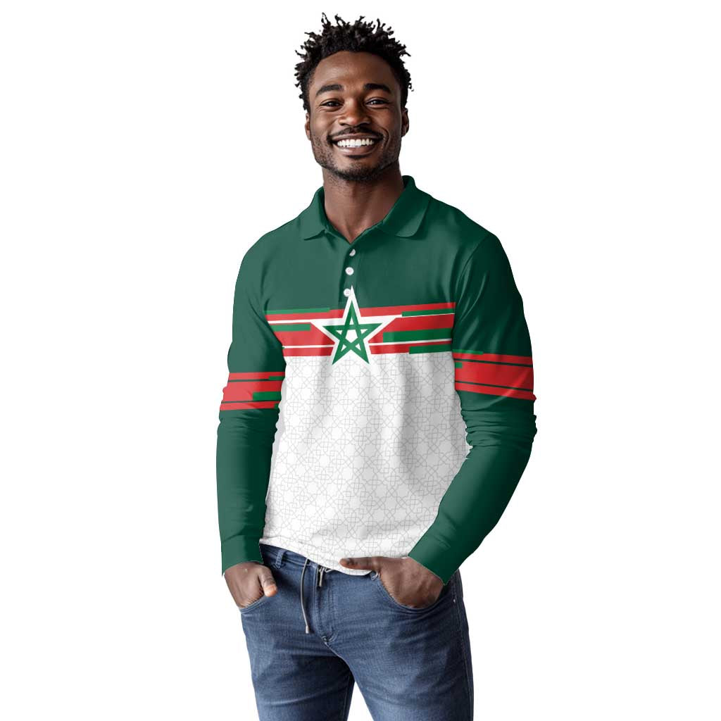 World Football 2026 Morocco Custom Long Sleeve Polo Shirt African Geometric White Pattern - African Pride