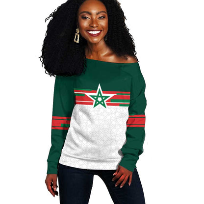 World Football 2026 Morocco Custom Off Shoulder Sweater African Geometric White Pattern - African Pride