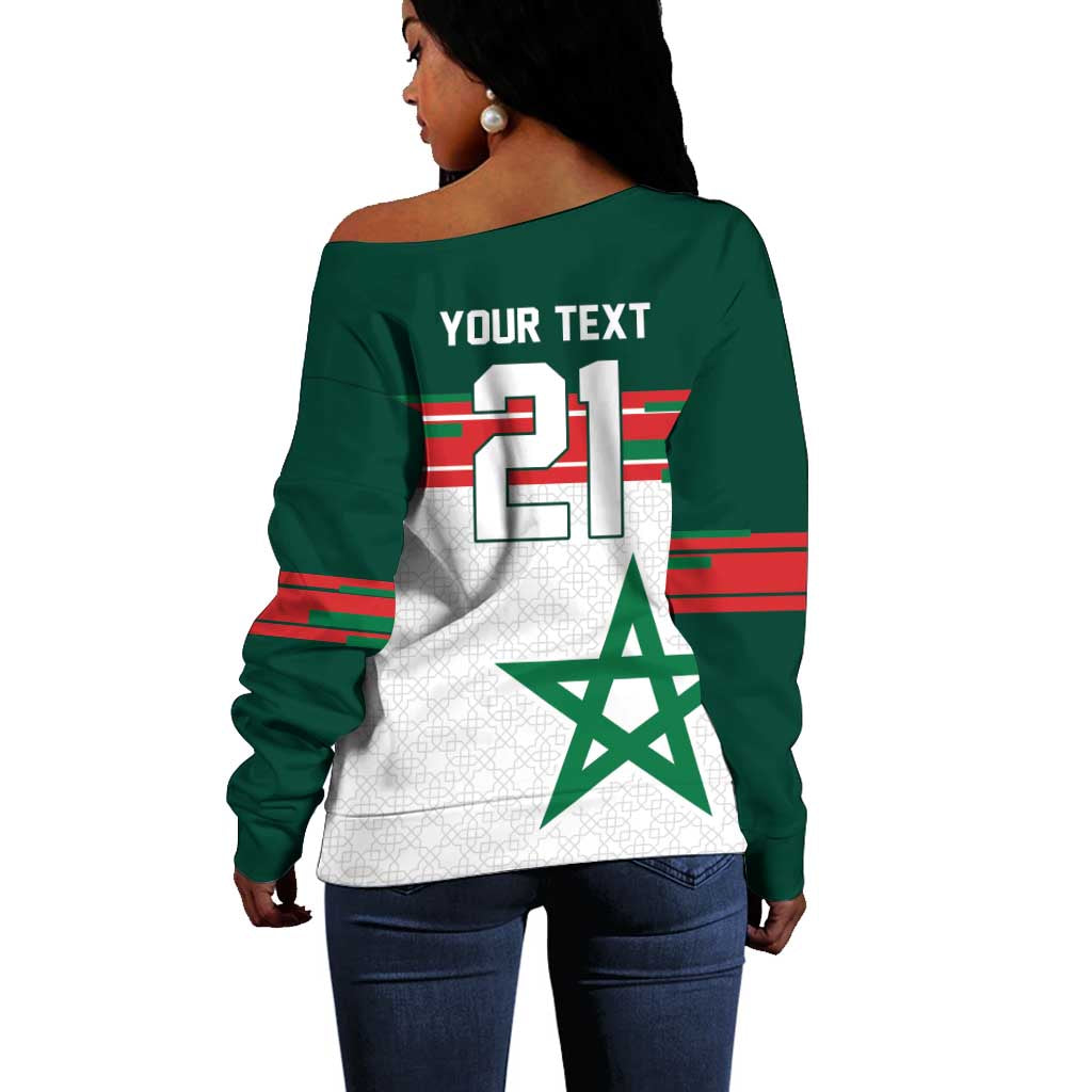 World Football 2026 Morocco Custom Off Shoulder Sweater African Geometric White Pattern - African Pride