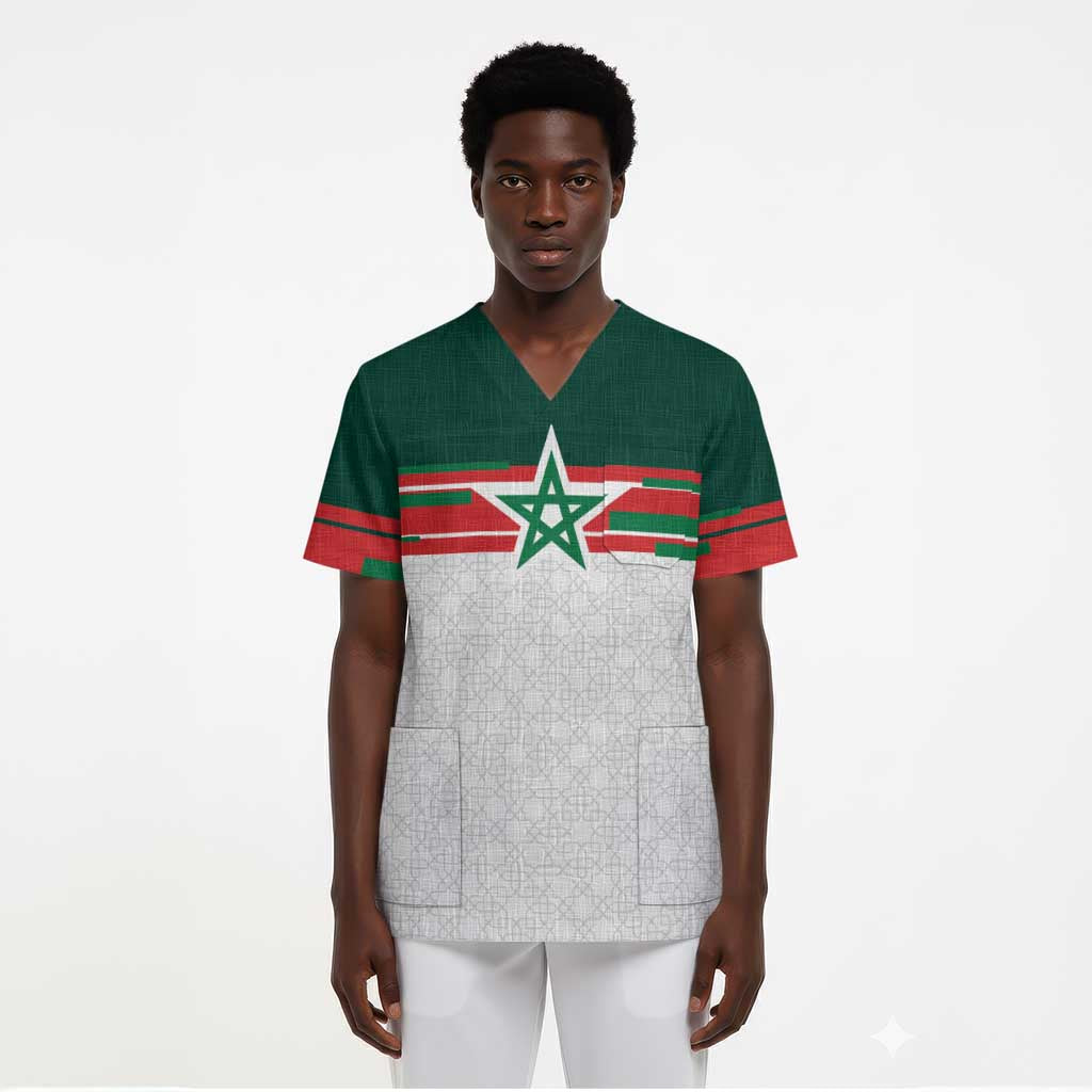 World Football 2026 Morocco Custom Scrub Top African Geometric White Pattern - African Pride