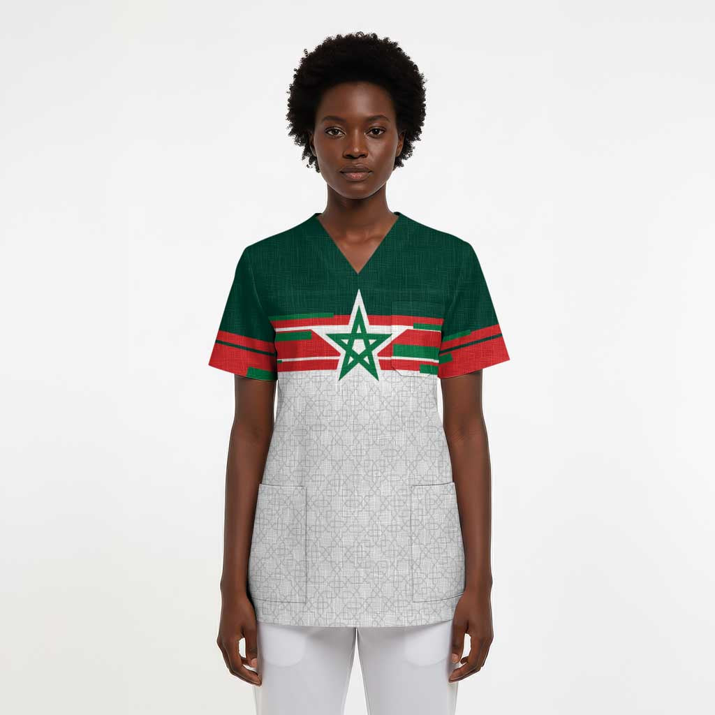 World Football 2026 Morocco Custom Scrub Top African Geometric White Pattern - African Pride
