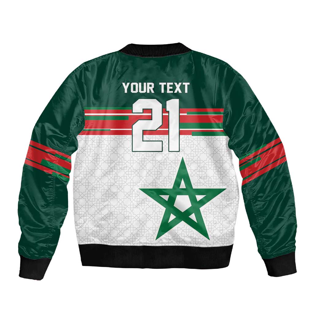 World Football 2026 Morocco Custom Sleeve Zip Bomber Jacket African Geometric White Pattern - African Pride