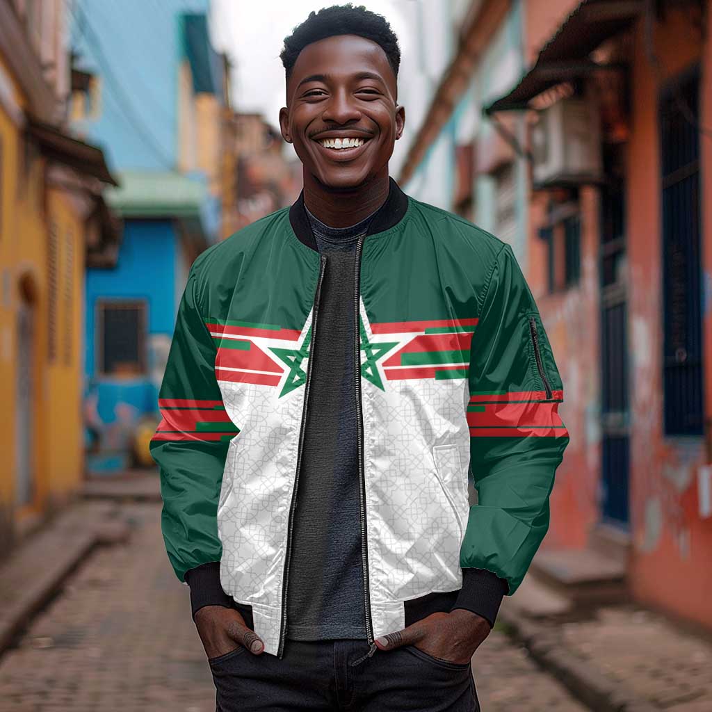World Football 2026 Morocco Custom Sleeve Zip Bomber Jacket African Geometric White Pattern - African Pride