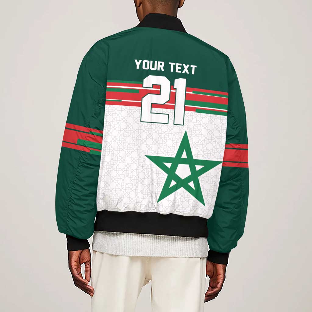 World Football 2026 Morocco Custom Sleeve Zip Bomber Jacket African Geometric White Pattern - African Pride