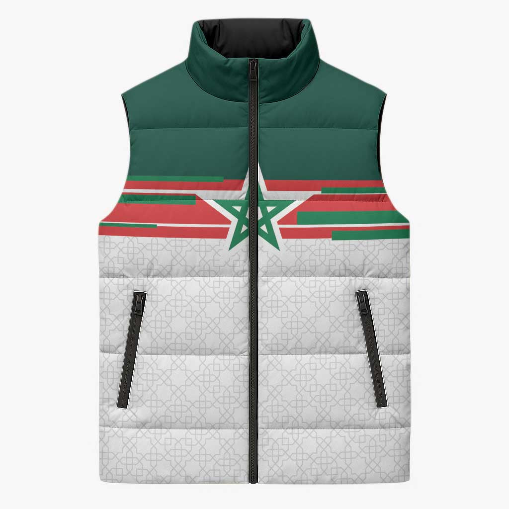 World Football 2026 Morocco Custom Sleeveless Puffer Jacket African Geometric White Pattern - African Pride