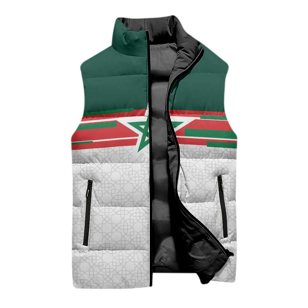 World Football 2026 Morocco Custom Sleeveless Puffer Jacket African Geometric White Pattern - African Pride