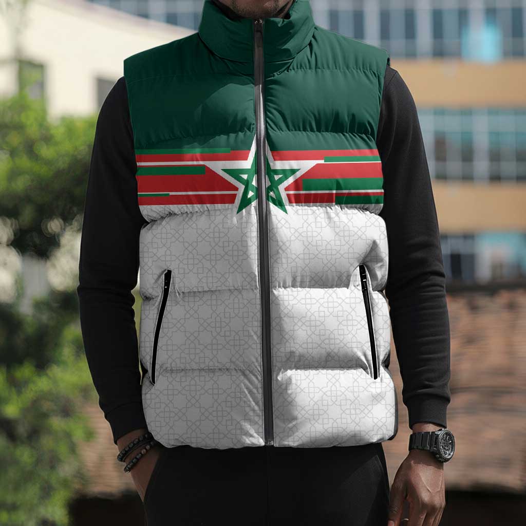 World Football 2026 Morocco Custom Sleeveless Puffer Jacket African Geometric White Pattern - African Pride