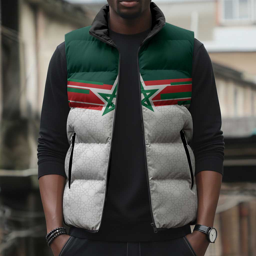 World Football 2026 Morocco Custom Sleeveless Puffer Jacket African Geometric White Pattern - African Pride