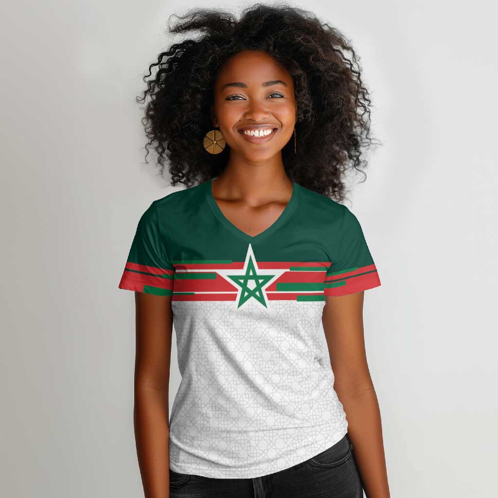 World Football 2026 Morocco Custom Women V-Neck T-Shirt African Geometric White Pattern LT9