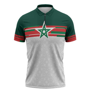 World Football 2026 Morocco Custom Zipper Polo Shirt African Geometric White Pattern - African Pride