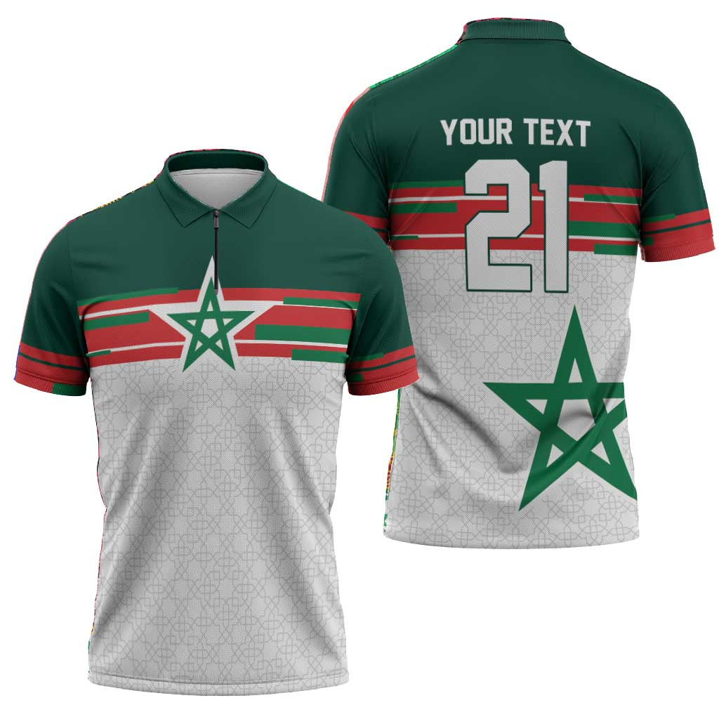 World Football 2026 Morocco Custom Zipper Polo Shirt African Geometric White Pattern - African Pride