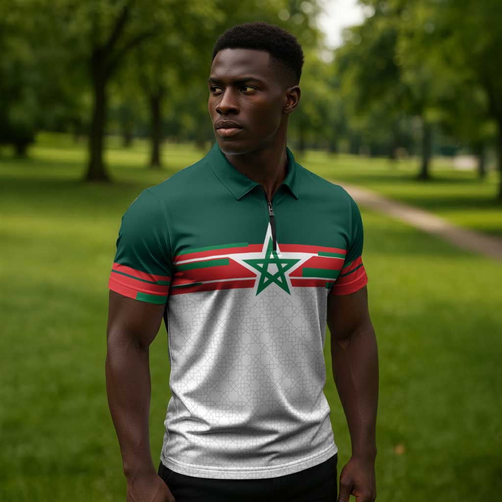 World Football 2026 Morocco Custom Zipper Polo Shirt African Geometric White Pattern - African Pride