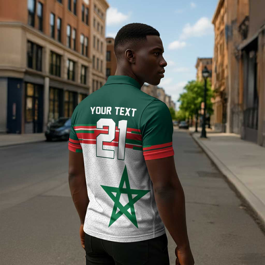 World Football 2026 Morocco Custom Zipper Polo Shirt African Geometric White Pattern - African Pride