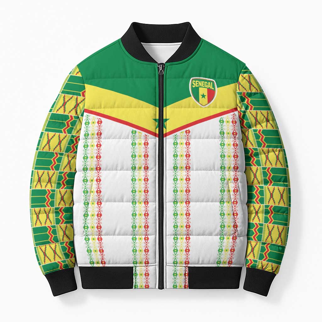 World Football 2026 Senegal Custom Bomber Puffer Jacket African Kente White Pattern - African Pride