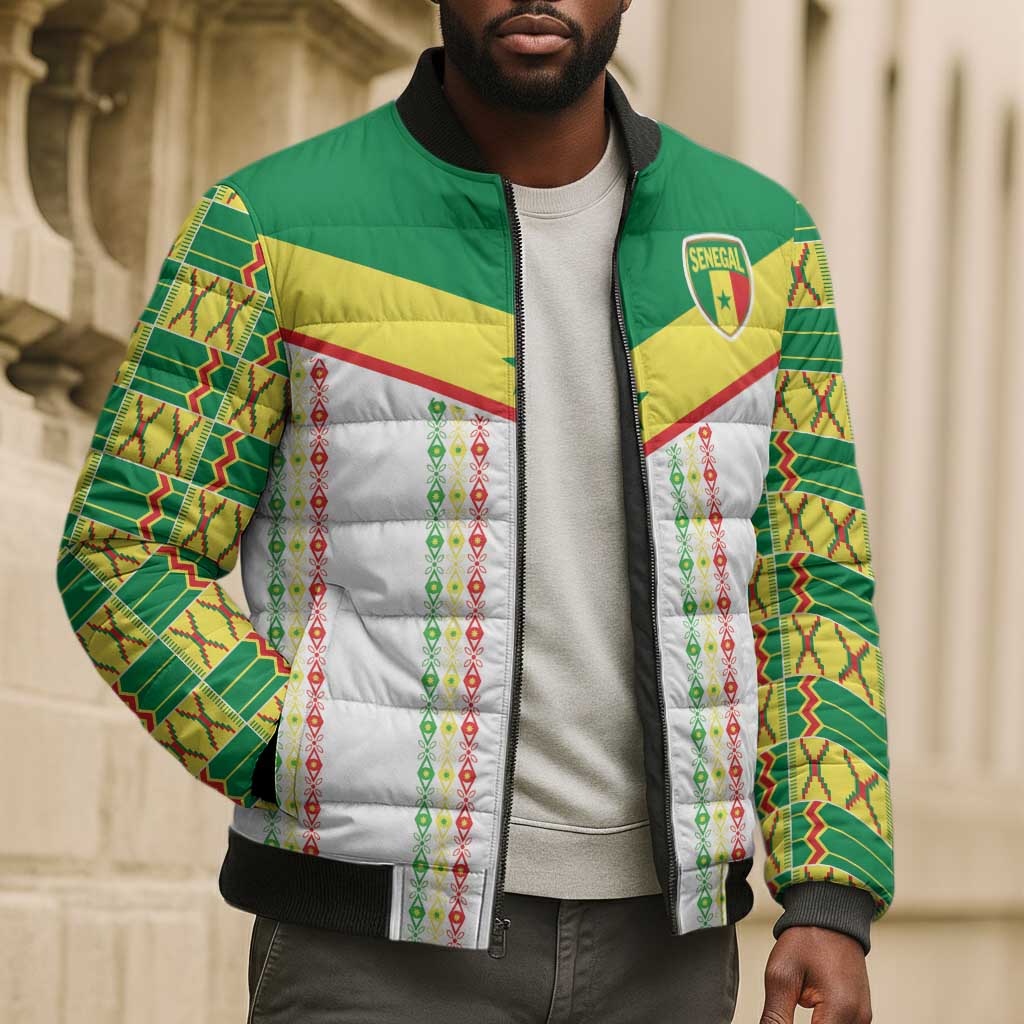 World Football 2026 Senegal Custom Bomber Puffer Jacket African Kente White Pattern - African Pride