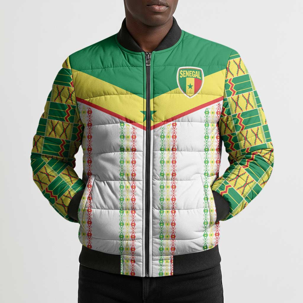 World Football 2026 Senegal Custom Bomber Puffer Jacket African Kente White Pattern - African Pride