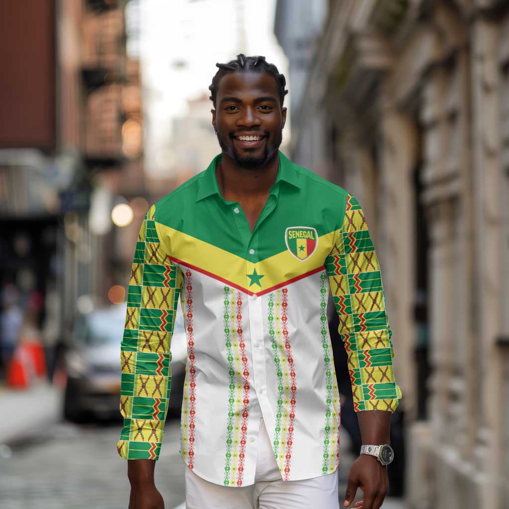 World Football 2026 Senegal Custom Long Sleeve Button Shirt African Kente White Pattern - African Pride