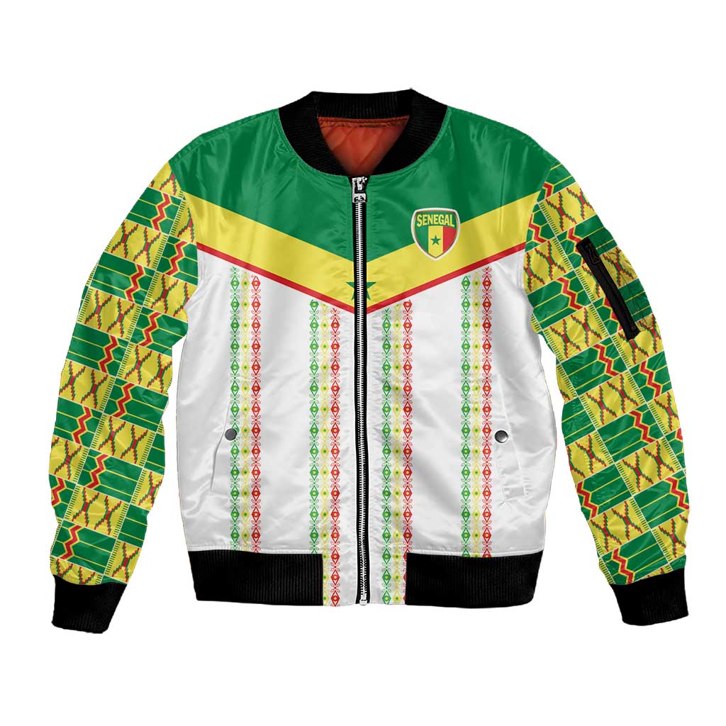 World Football 2026 Senegal Custom Sleeve Zip Bomber Jacket African Kente White Pattern - African Pride