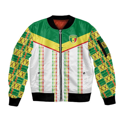 World Football 2026 Senegal Custom Sleeve Zip Bomber Jacket African Kente White Pattern - African Pride