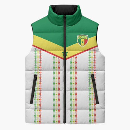 World Football 2026 Senegal Custom Sleeveless Puffer Jacket African Kente White Pattern - African Pride