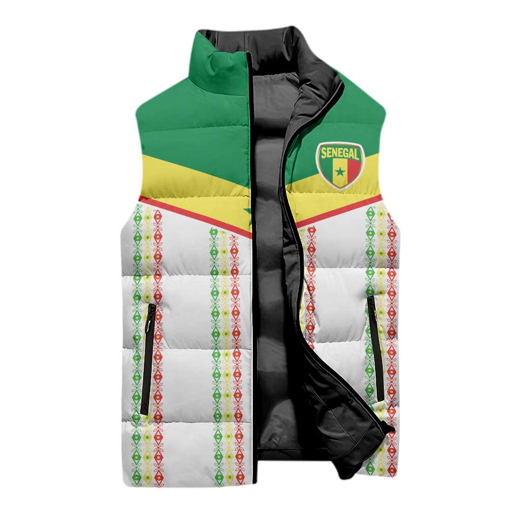 World Football 2026 Senegal Custom Sleeveless Puffer Jacket African Kente White Pattern - African Pride