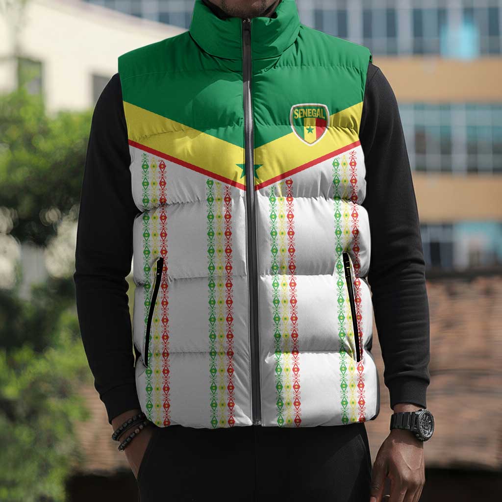 World Football 2026 Senegal Custom Sleeveless Puffer Jacket African Kente White Pattern - African Pride