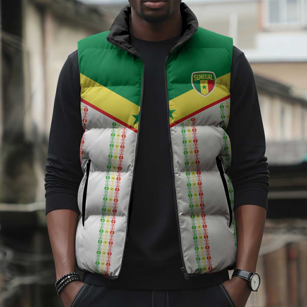 World Football 2026 Senegal Custom Sleeveless Puffer Jacket African Kente White Pattern - African Pride