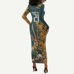 South Africa Rugby Custom Long Sleeve Bodycon Dress Afro Springboks Mascot Sporty Version