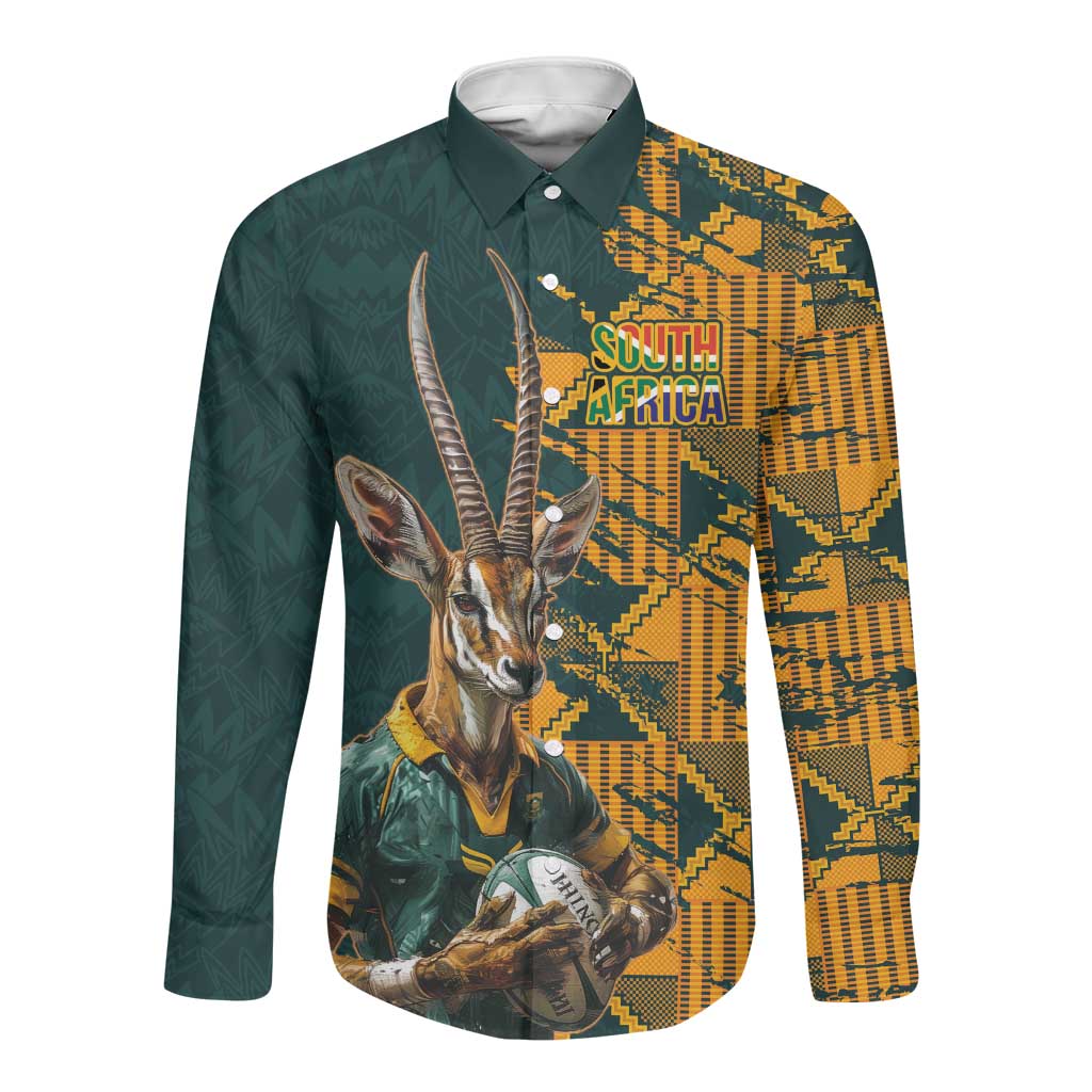 South Africa Rugby Custom Long Sleeve Button Shirt Afro Springboks Mascot Sporty Version