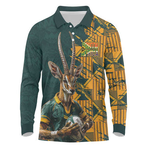 South Africa Rugby Custom Long Sleeve Polo Shirt Afro Springboks Mascot Sporty Version