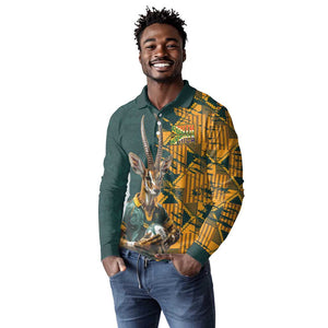 South Africa Rugby Custom Long Sleeve Polo Shirt Afro Springboks Mascot Sporty Version