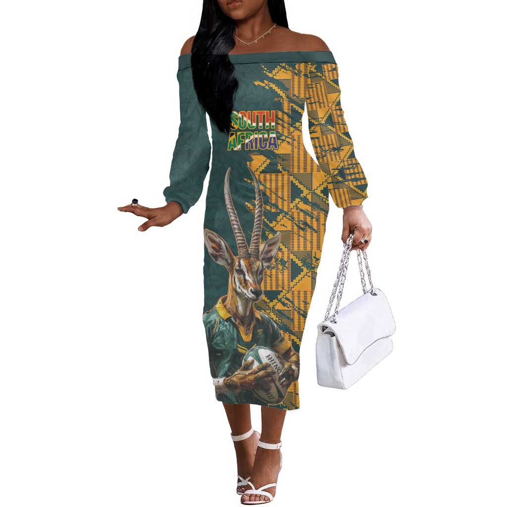 South Africa Rugby Custom Off The Shoulder Long Sleeve Dress Afro Springboks Mascot Sporty Version