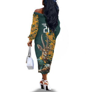 South Africa Rugby Custom Off The Shoulder Long Sleeve Dress Afro Springboks Mascot Sporty Version