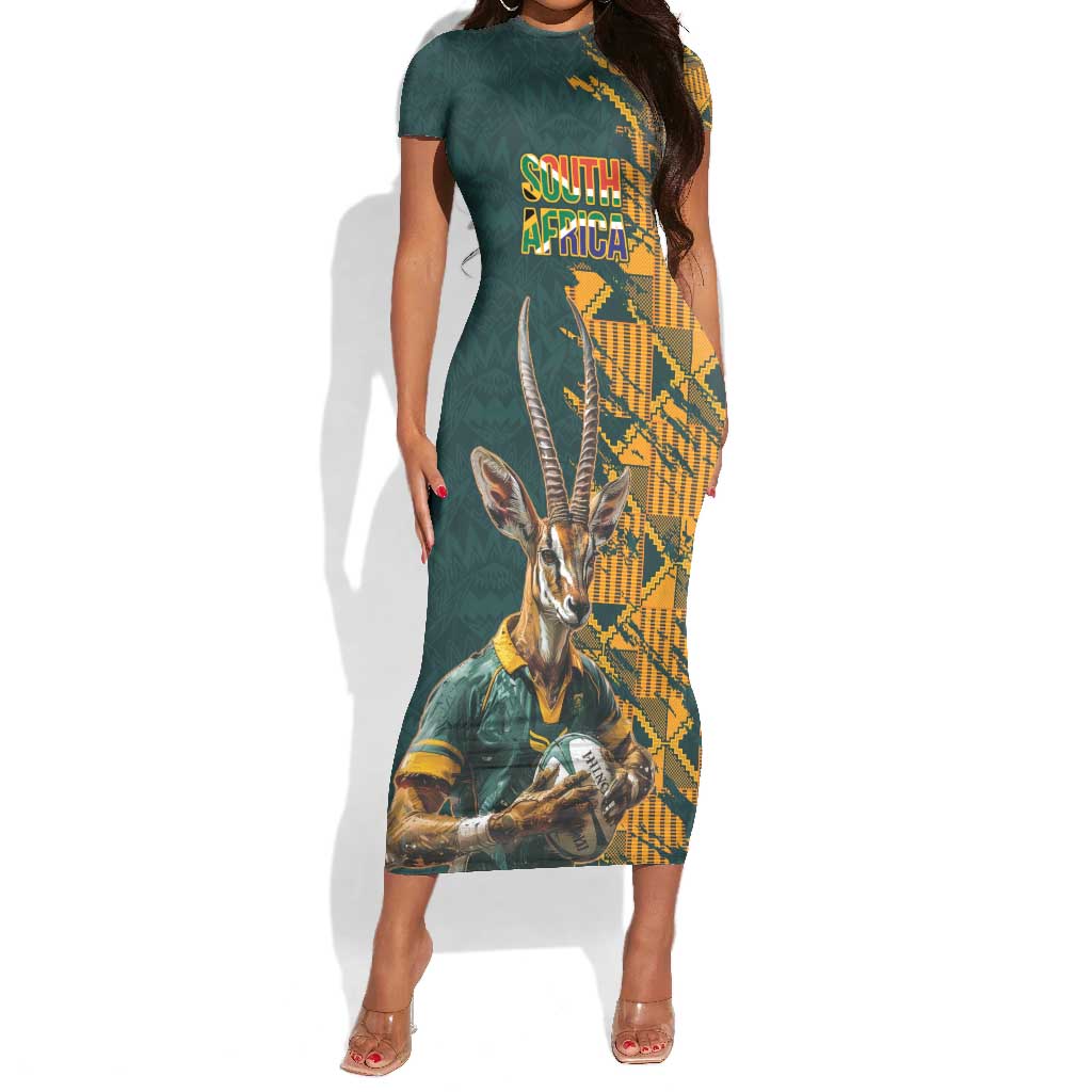 South Africa Rugby Custom Short Sleeve Bodycon Dress Afro Springboks Mascot Sporty Version