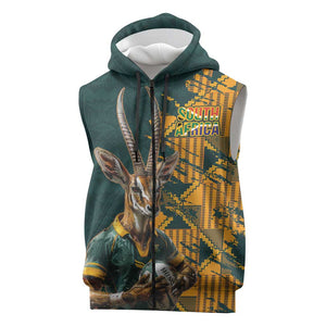 South Africa Rugby Custom Sleeveless Zip Hoodie Afro Springboks Mascot Sporty Version - African Pride