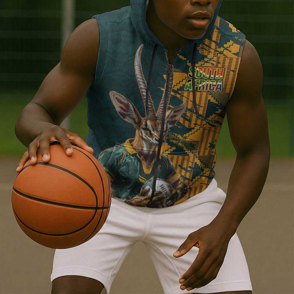 South Africa Rugby Custom Sleeveless Zip Hoodie Afro Springboks Mascot Sporty Version - African Pride