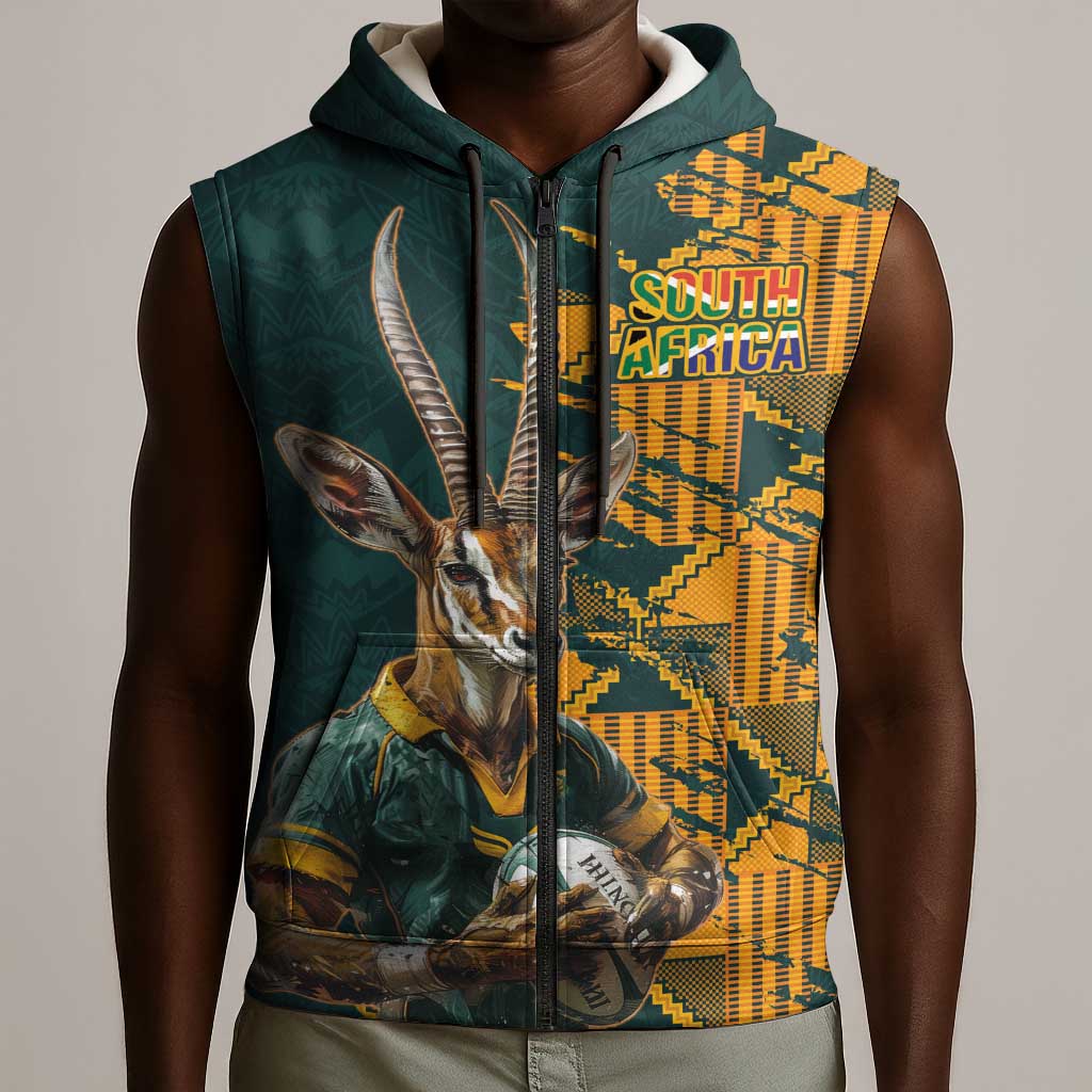 South Africa Rugby Custom Sleeveless Zip Hoodie Afro Springboks Mascot Sporty Version - African Pride
