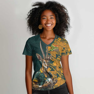 South Africa Rugby Custom Women V-Neck T-Shirt Afro Springboks Mascot Sporty Version