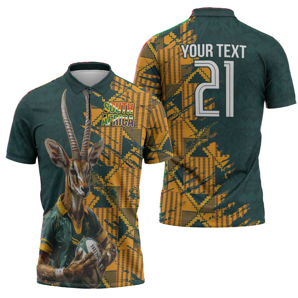 South Africa Rugby Custom Zipper Polo Shirt Afro Springboks Mascot Sporty Version