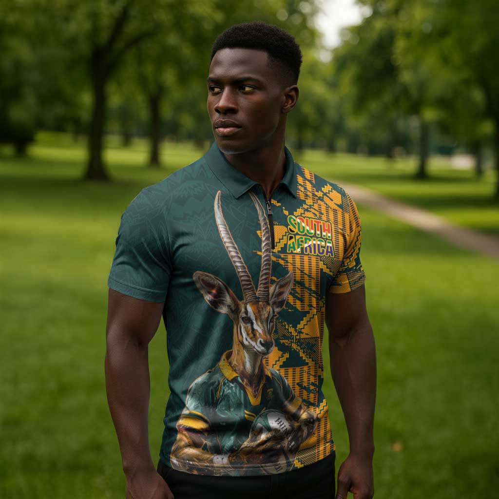 South Africa Rugby Custom Zipper Polo Shirt Afro Springboks Mascot Sporty Version