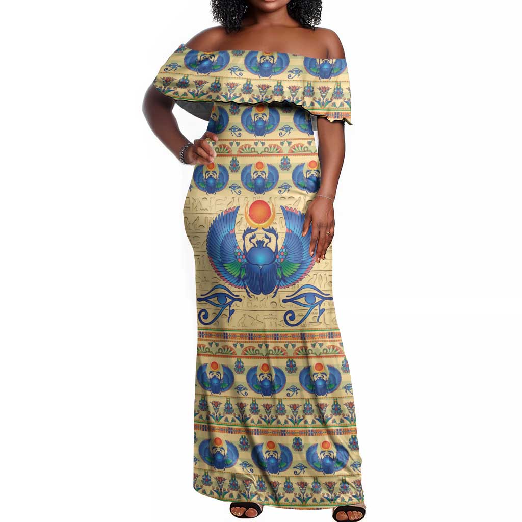 Ancient Egypt Scarab Beetle Off Shoulder Maxi Dress