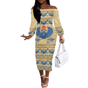 Ancient Egypt Scarab Beetle Off The Shoulder Long Sleeve Dress