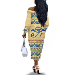 Ancient Egypt Scarab Beetle Off The Shoulder Long Sleeve Dress