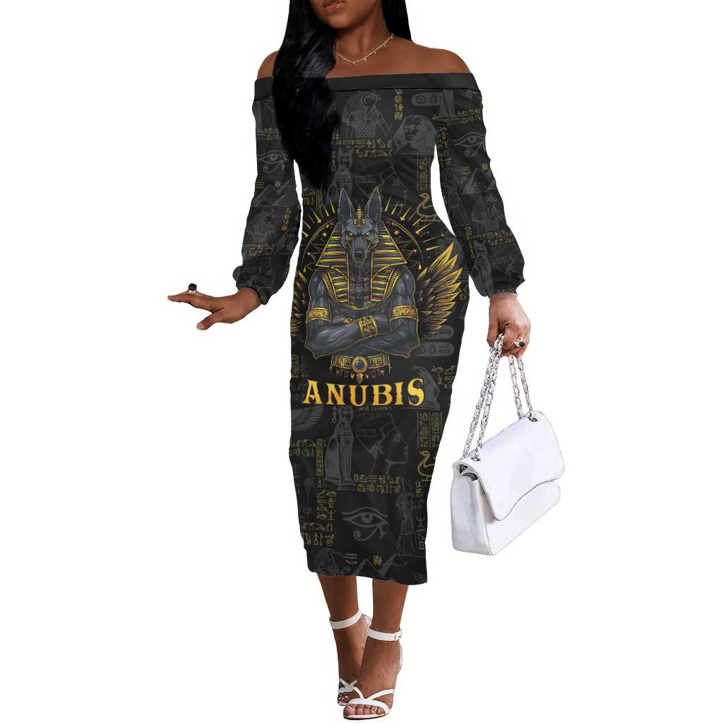 Anubis Egyptian God of Death Off The Shoulder Long Sleeve Dress