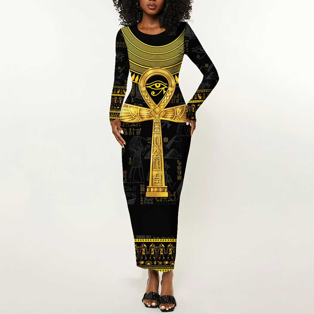 The Ankh Egyptian Hieroglyphs Long Sleeve Bodycon Dress