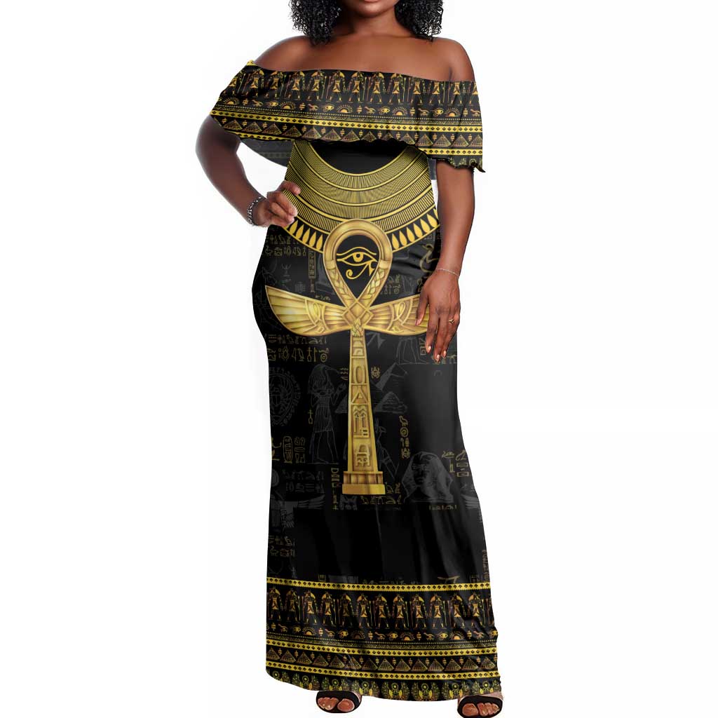 The Ankh Egyptian Hieroglyphs Off Shoulder Maxi Dress