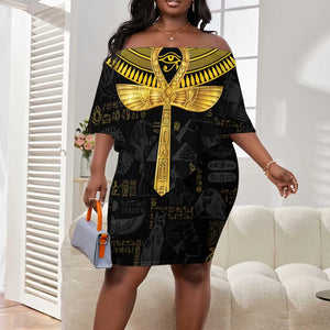 The Ankh Egyptian Hieroglyphs Off Shoulder Short Dress